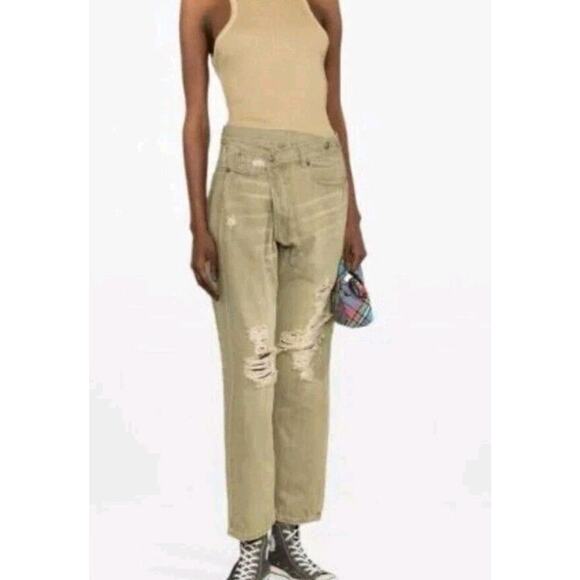 R13 Cross over Jeans In Moss Green Sz 24 Whimsigoth Punk Japanese Fabric (V6 - Picture 2 of 9